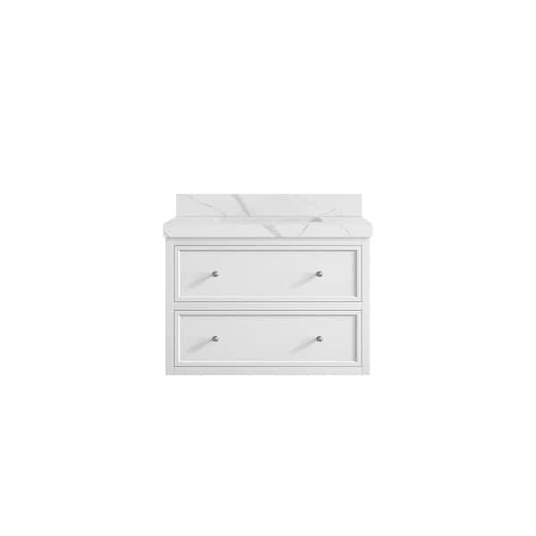 Willow Collections Roswell Floating 30 in. Single Sink Freestanding White Bath Vanity with Calacatta Laza Qt. Top Unassembled