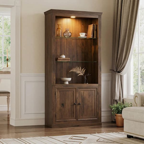 78.75 in. Tall Brown Wood Display Bookcase with Single Color LED Light and Adjustable Glass Shelves