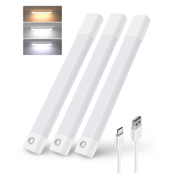11.82 in. 3-Pack Battery Operated Wireless USB Charging White Integrated LED Linkable Under Cabinet Light, Closet Light