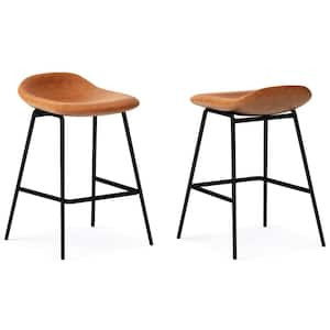 Dafney 27 in. H Counter Height Stool in Camel Brown Faux Leather and Engineered Wood Back (Set of 2)
