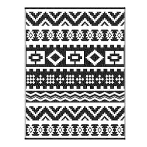 Black and White 9 ft. x12 ft. Plastic Geometry Indoor/Outdoor Patio Area Garden Stool Rug