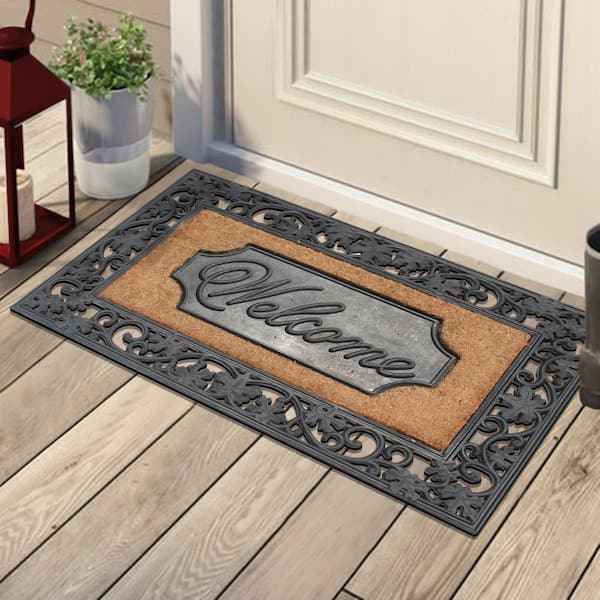 A1HC Welcome Floral Border Black 23 in x 38 in Rubber and Coir Dirt Trapper Large Doormat