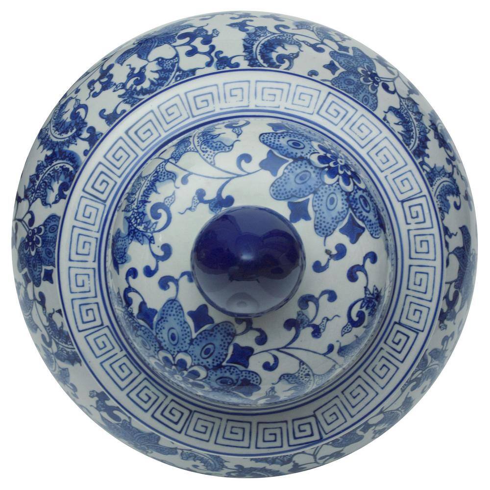 24" Blue and White Floral Porcelain Temple Jar