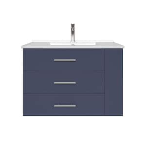 Rita 30.25 in. Single Sink Wallmount Bath Vanity with White Ceramic Countertop in Marine Blue with Right Side Shelf