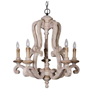 Bella 5-Light Antique Distressed Wood Empire Farmhouse Candlestick Chandelier for Dining Room
