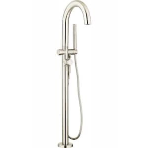 Contemporary Round Single-Handle Freestanding Tub Filler for Flash Rough-in Valve with Hand Shower in Brushed Nickel