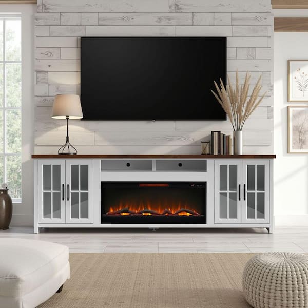 97 in. Freestanding Fireplace TV Stand with 42 in. Electric Fireplace insert, Heats 400 Sq Ft, Remote, Storage in White