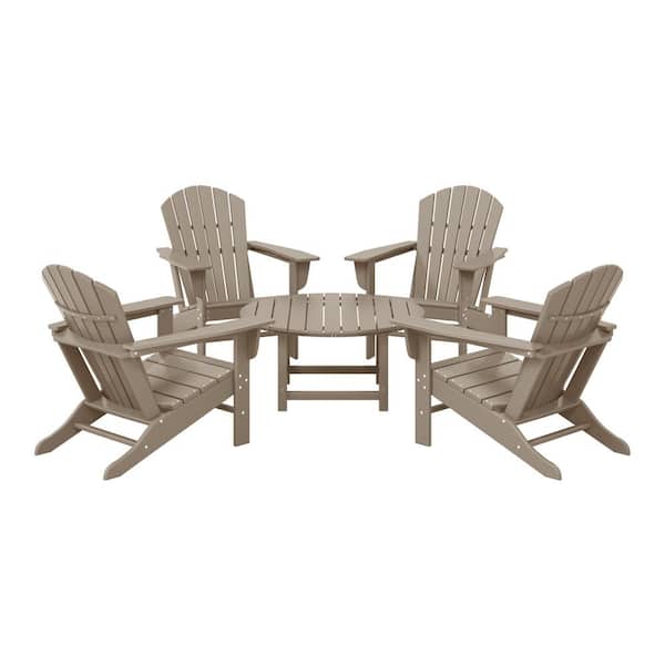 WESTIN OUTDOOR Altura Fade Resistant Plastic Weathered Wood 5-PC Adirondack Chair Outdoor Patio Conversation Set, Round Coffee Table
