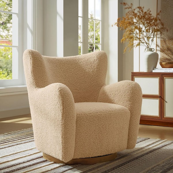 Montrose Wingback Sherpa Swivel Accent Arm Chair in Ivory Walnut