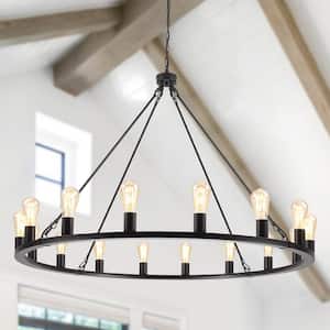 16-Light Black Wagon Wheel Rustic Dimmable Linear Chandelier with No Bulbs Included