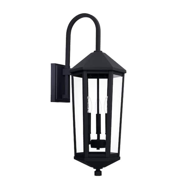 Ellsworth 10 in. W x 29 in. H 3-Light Clear Glass Outdoor Wall Lantern in Black