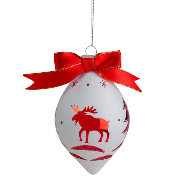 5 in. Red and White Moose Christmas Teardrop Ornament