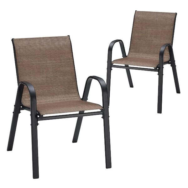 2-Pack Brown Patio Dining Chairs with Metal Frame for Backyard
