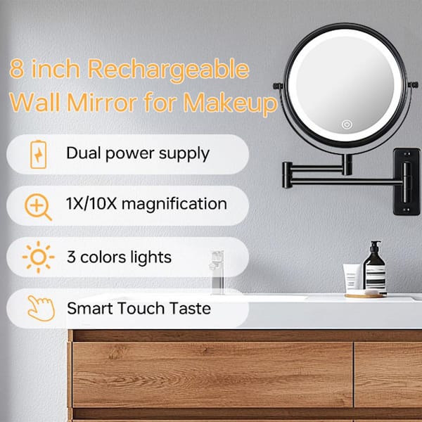 LED Lighted 8 in. W x 8 in. H Round 2 Side 1x/10x Magnifying Wall Bathroom Makeup Mirror in Matte Black (Type-C Charge)