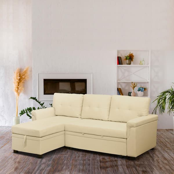 HOMESTOCK 85 in. Square Arm Velvet L-Shaped Sofa with Reversible Chaise and Pull-Out Sleeper Bed in. Cream Air Leather