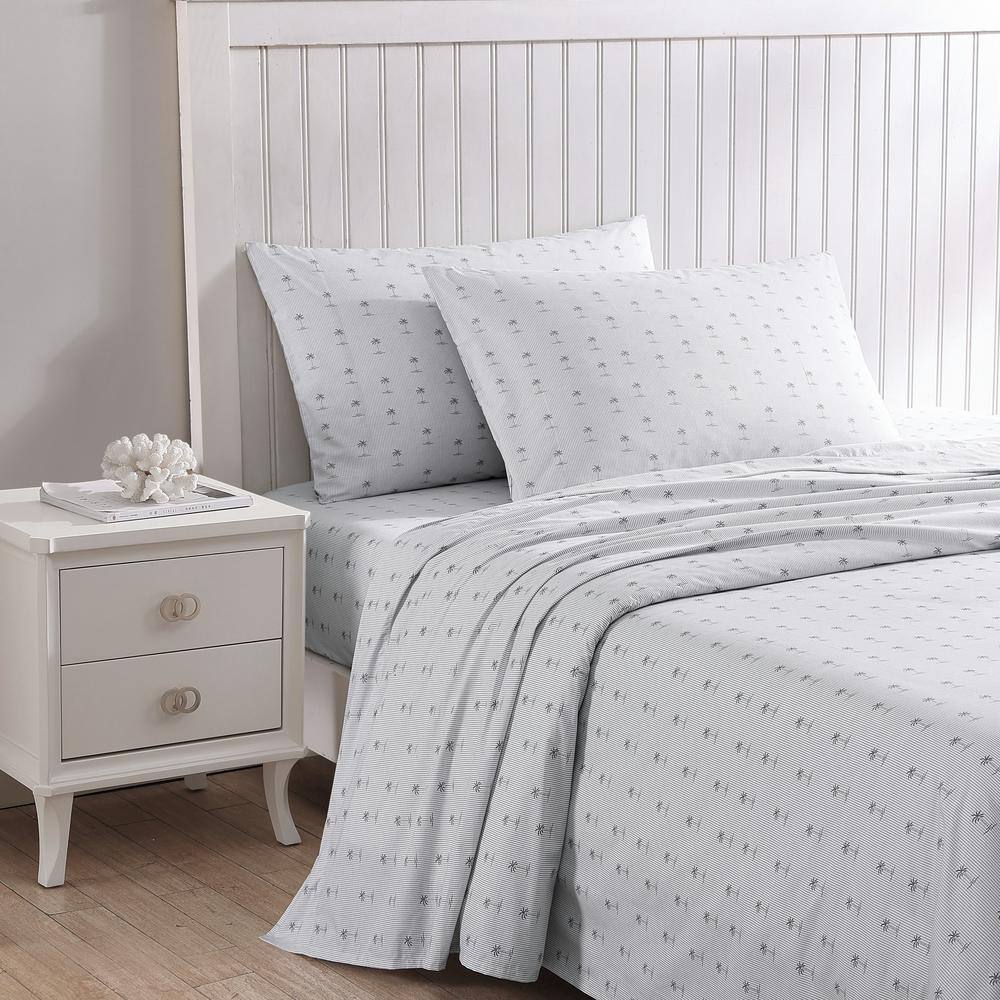 Gray Cotton Percale Queen Sheet Set with Palm Print