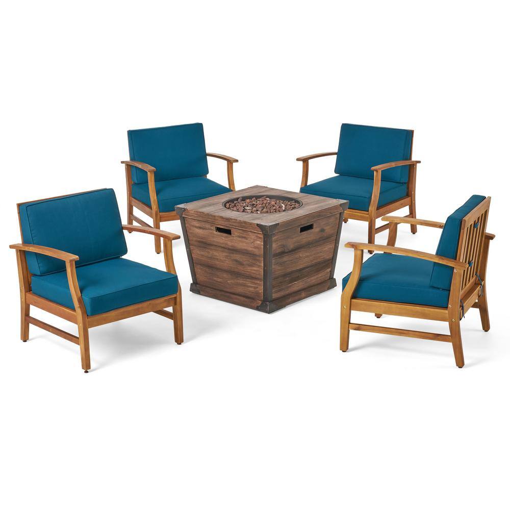 Teak Brown 4-Seat Fire Pit Set with Blue Cushions