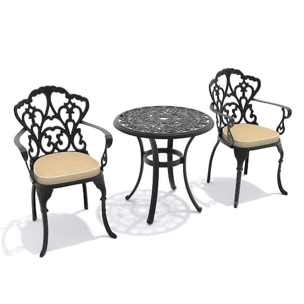 3-Piece Black Cast Aluminum Outdoor Dining Set with Off-White Cushions