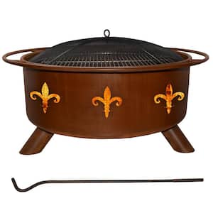 Fleur De Lis 29 in. x 18 in. Round Steel Wood Burning Fire Pit in Rust with Grill Poker Spark Screen and Cover