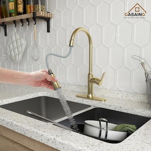 Single Handle Pull Down Sprayer Kitchen Faucet with Dual-Function Pull out Sprayer Head in Brushed Gold