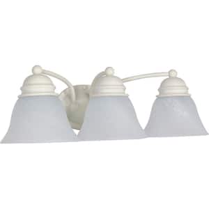 3-Light Textured White Vanity Light with Alabaster Glass Bell Shades