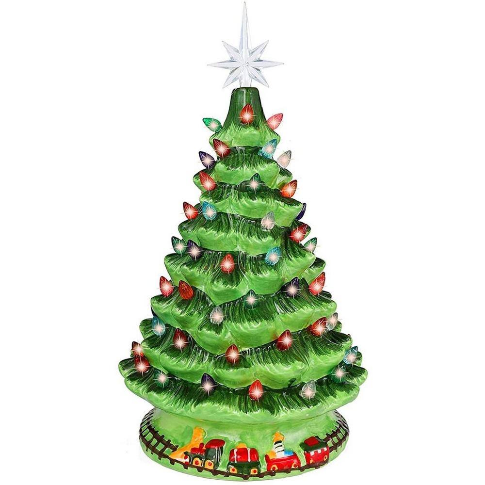 JOYIN 14.2 in. Tall White, GreenandRed Ceramic Christmas Tree with Train  30069 - The Home Depot