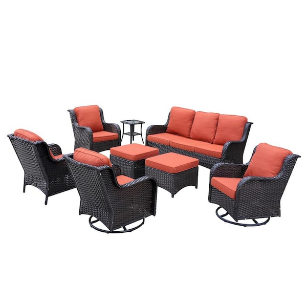 Moonlight Brown 8-Piece Wicker Patio Conversation Seating Sofa Set with Orange Red Cushions and Swivel Rocking Chairs
