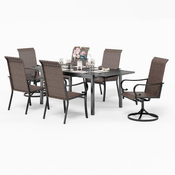 PHI VILLA Black 7-Piece Rattan Patio Outdoor Dining Set with Rectangle Extensible Table and High-back Swivel Chairs