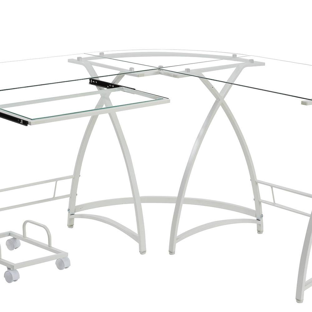 White L-Shaped Glass Computer Desk with Keyboard Tray