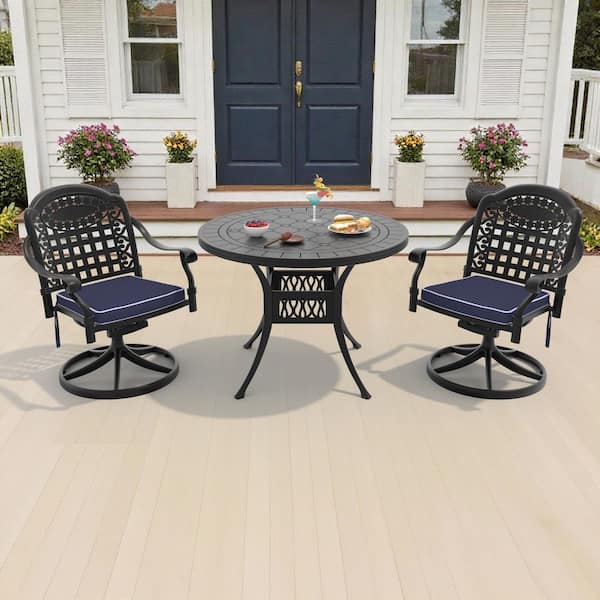 Willit Vintage 3-Piece Cast Aluminum Patio Outdoor Dining Set with Round Dining Table, 2 Swivel Chairs and 2 Blue Cushions