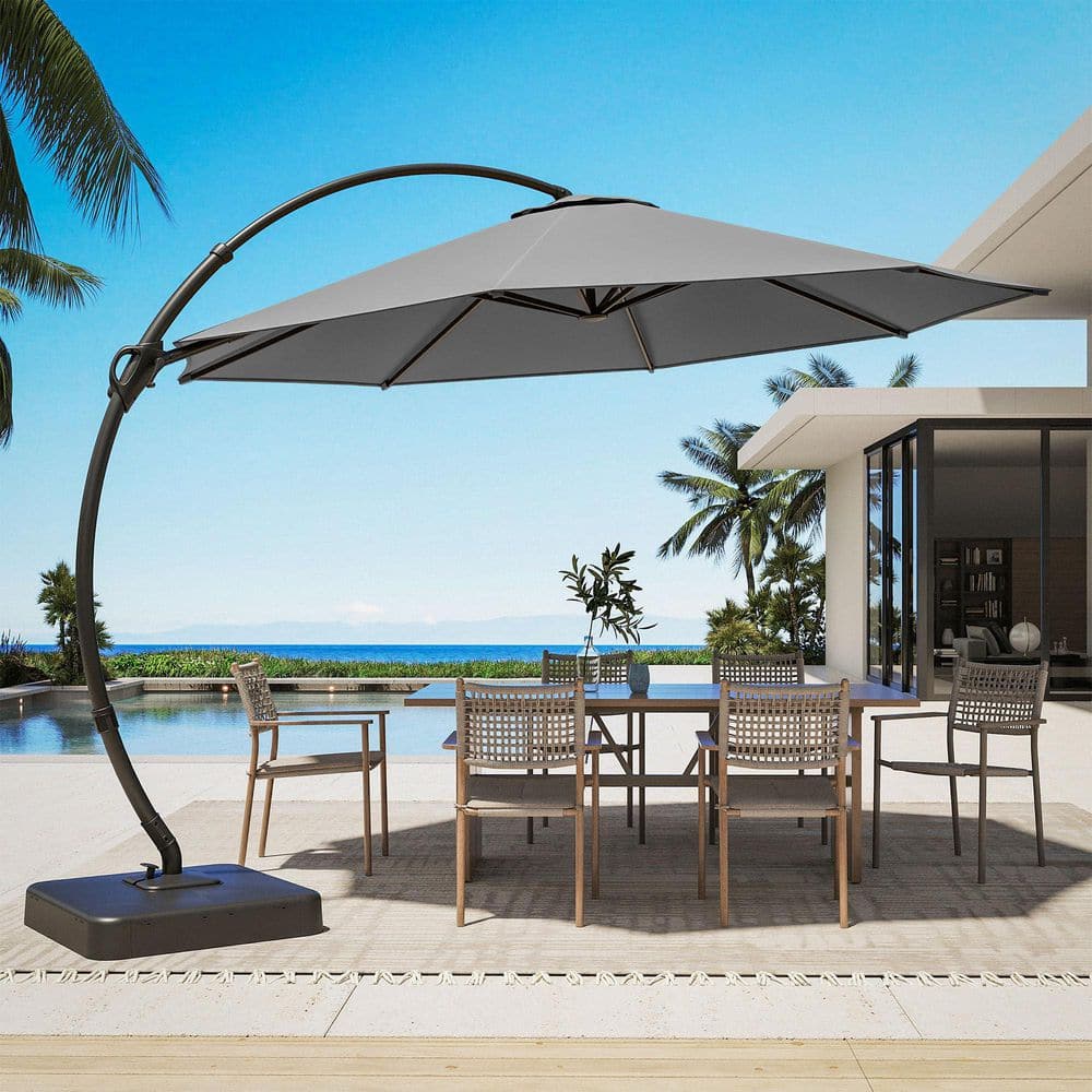 11 ft. steel offset patio umbrella with detachable netting Yardgrace 11 ft. Metal Outdoor Patio Cantilever Patio Umbrella Offset  Hanging umbrella with 360° Rotation in Gray BSSUB11GR2G1