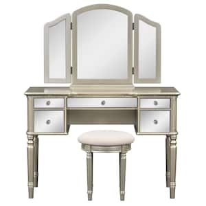 Gold 2-Piece 43.25 in. W Makeup Vanity Set with Tri Folding Mirror, Round Upholstered Stool and 5-Drawer