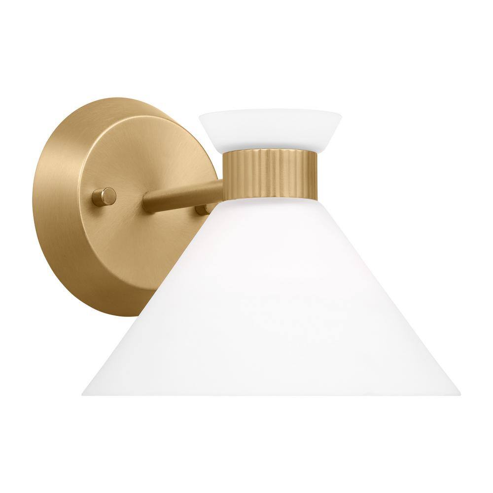 Satin Brass and Etched Glass Mid-Century Modern Sconce