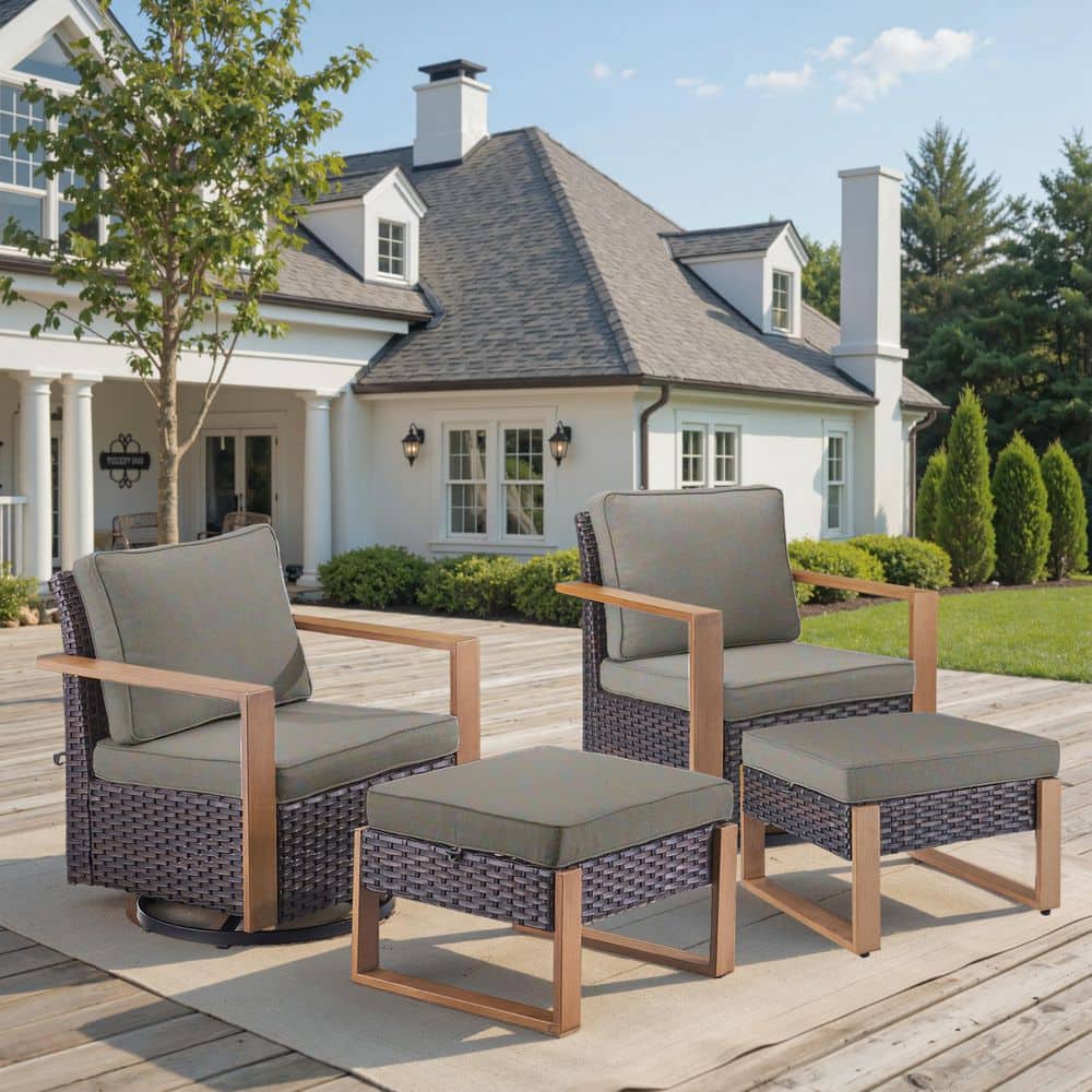 Kove Brown 4-Piece Wicker Swivel Glider Patio Conversation Set with Matching Ottomans and 4 in. Thick Gray Cushions price history on PriceWatchPro