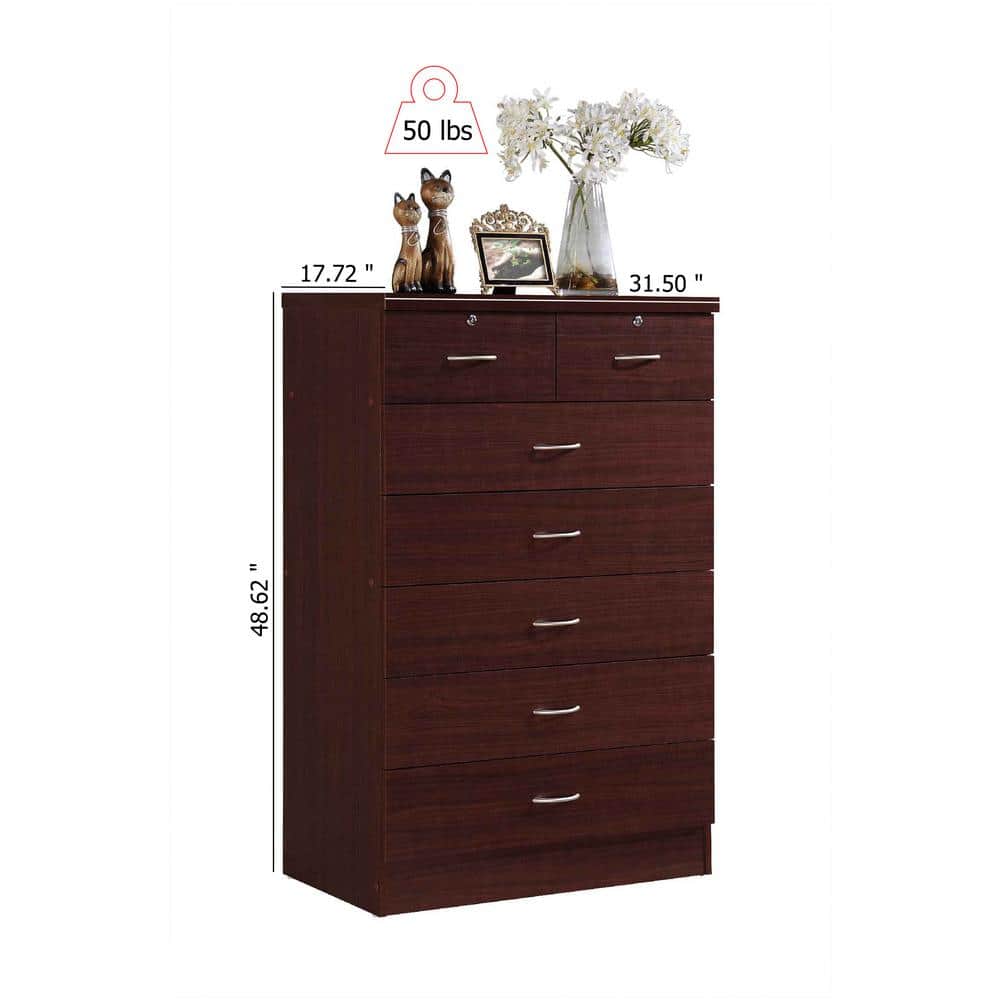Mahogany Vertical 7-Drawer Dresser Chest with Dual Locks