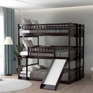 Espresso Triple Bunk Beds with Slide, Wooden Bunk beds Frame Full Over Full Over Full Can be Convertible to 3 Beds