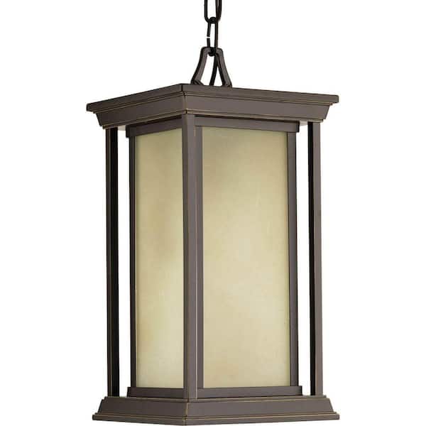 Progress Lighting Endicott Collection 1-Light Antique Bronze Etched Umber Linen Glass Craftsman Outdoor Hanging Lantern Light
