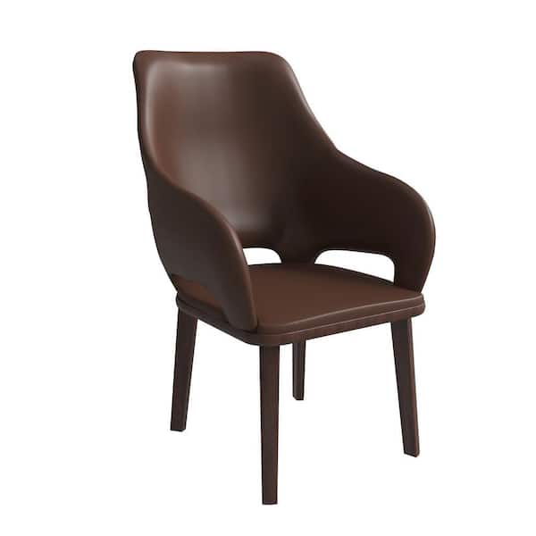 LeisureMod Leather Dining Chair in Modern Design Rubberwood Base Vivara Collection in Dark Brown