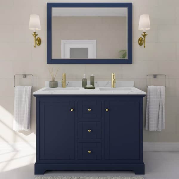 Wyndham Collection Avery 48 in. W x 22 in. D x 35 in. H Double Bath Vanity in Dark Blue with Giotto Quartz Top