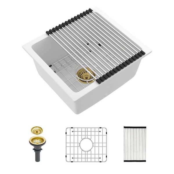 17.7 in. Undermount Singel Bowl 16-Gauge White Quartz Kitchen Sink with Bottom Grid, Basket Strainer