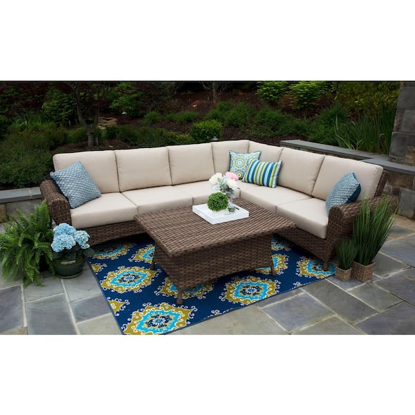 Canopy Aspen 5 Piece Resin Wicker Outdoor Sectional With Sunbrella Spectrum Sand Cushions Sec8000asp The Home Depot - Outdoor Patio Sectionals With Sunbrella Cushions