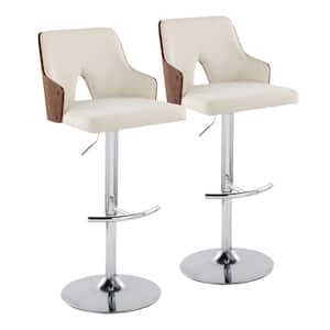 Stella 34 in. Cream Fabric, Walnut Wood and Chrome Metal Adjustable Bar Stool with Rounded T Footrest (Set of 2)