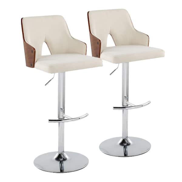 Lumisource Stella 34 in. Cream Fabric, Walnut Wood and Chrome Metal Adjustable Bar Stool with Rounded T Footrest (Set of 2)