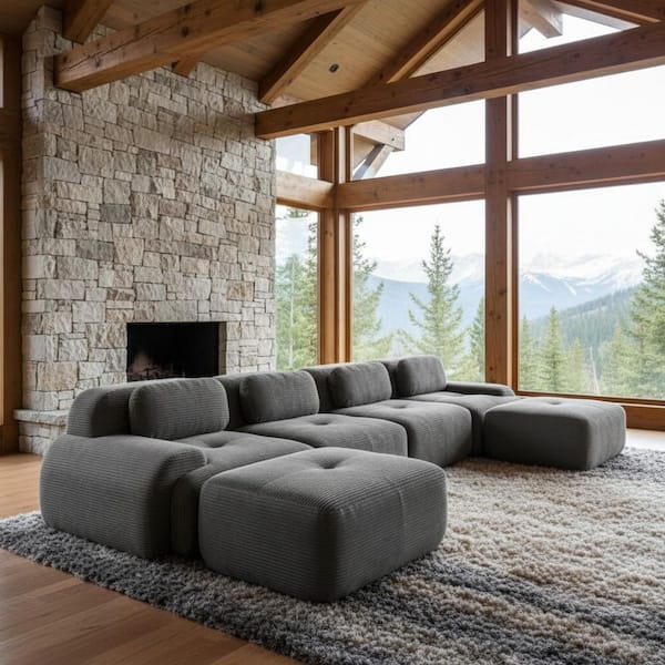 SMZO 152.7 in. Modular Corduroy Sectional Sofa with Ergonomic Curved Armrests, Adjustable Backrest, in. Graphite Grey