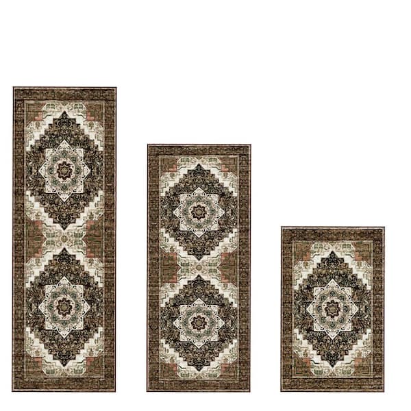 Brown 3-Piece Polyester Kitchen Mat Set, Washable Non-Slip Low-Pile Indoor Rugs, 20 in. x 32 in., 47 in. and 59 in.