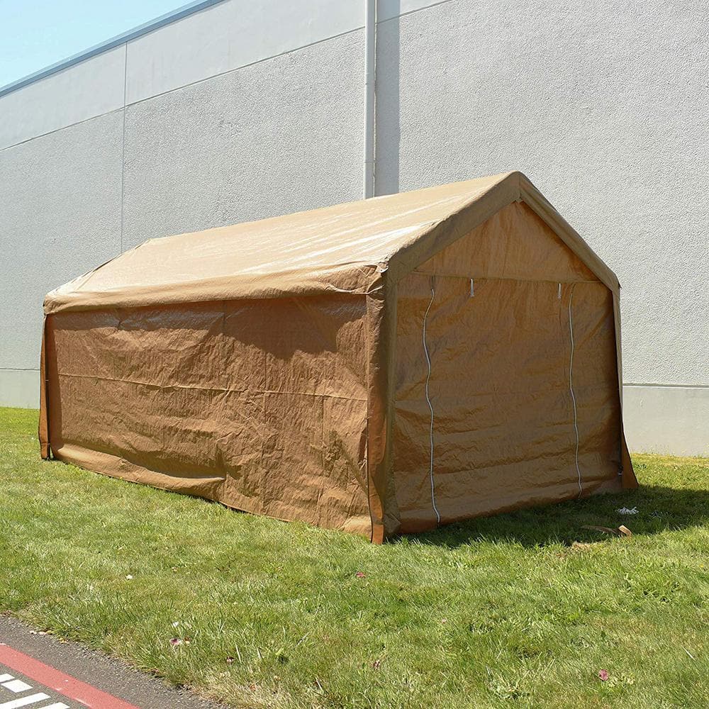 Beige 10' x 20' Metal Frame Carport Tent with Fabric Roof