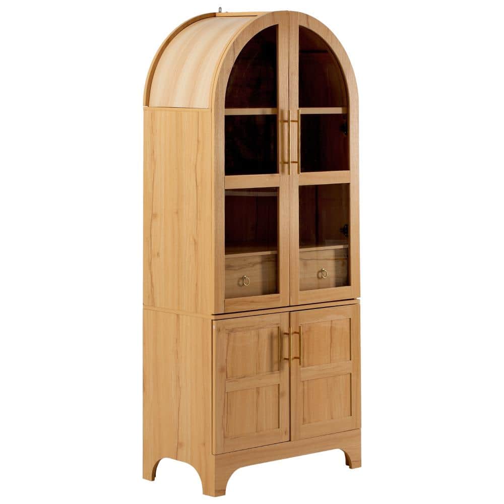 Natural Brown MDF 29.9 in. W x 71.2 in. H Arched Kitchen Food Pantry Cabinet with Door Shelves, Hidden Drawer