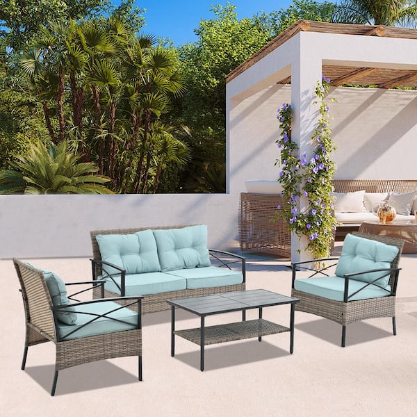 Unbranded 4-Piece Brown Wicker Patio Conversation Set with Light Blue Cushions and Metal Table