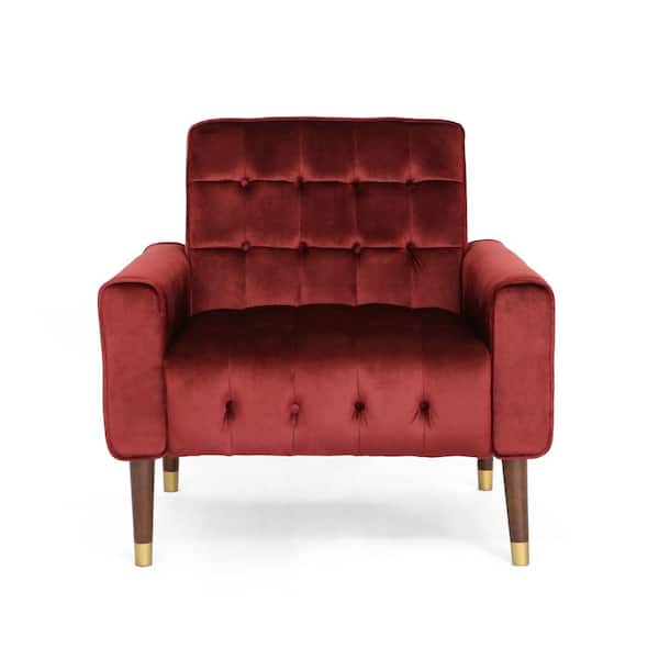 Noble House Bourchier Modern Glam Button Tufted Garnet Velvet Armchair with Waffle Stitching