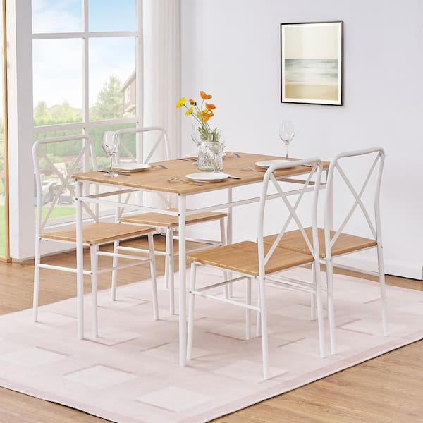 VECELO 5-Piece Dining Table Set for 4 Modern Brown Wood + White